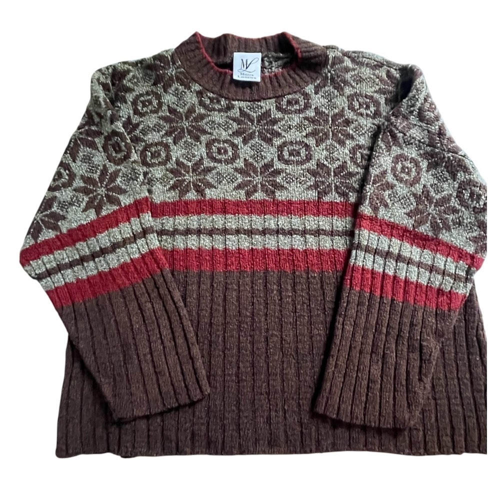 Maggie Lawrence VTG Sweater Fair Isle Nordic Knit Brown Cottagecore L 3/4 Sleeve
